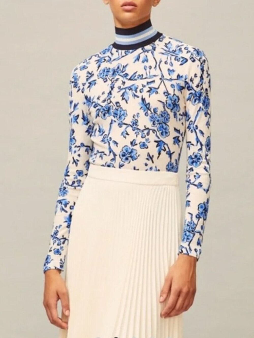Tory Burch Blue Branches Printed Rib Turtleneck NWT Size XL